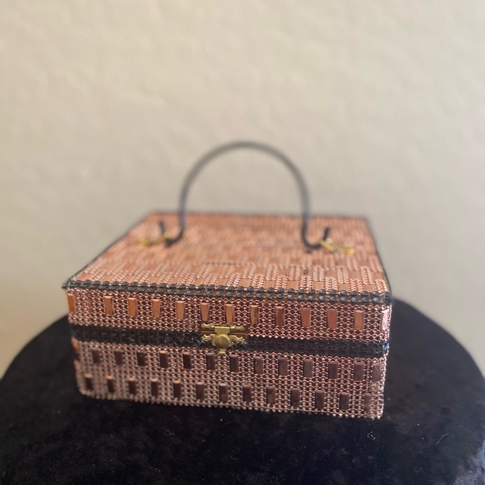 Rose Gold and Black Dress Box Purse with Black Handle, Mirror Inside